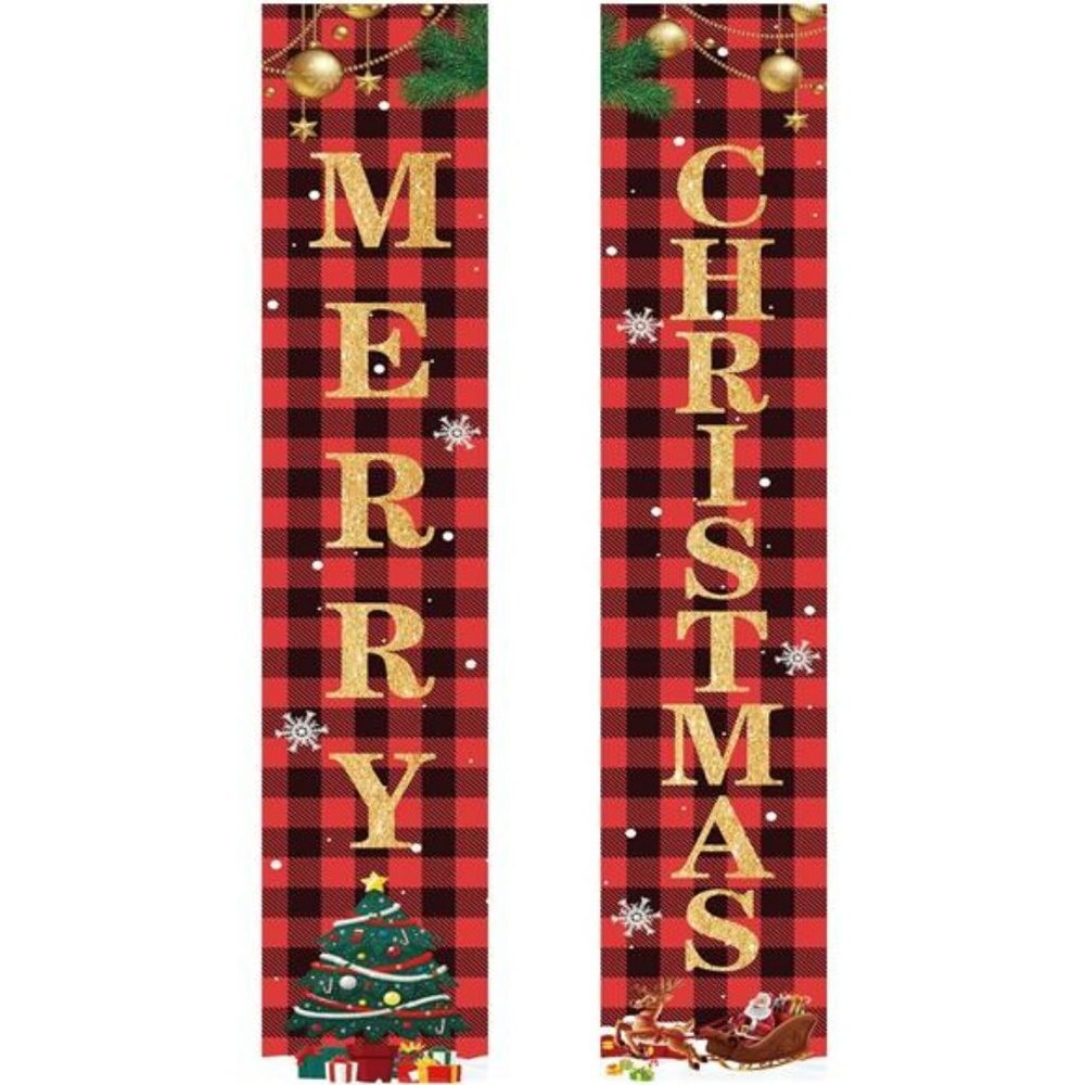 Christmas Banner Decor Porch Sign,  Porch Banner Happy New Year Plaid Signs